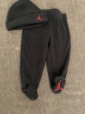 Jordan Black Baby Footed Pants & Beanie Set with Red Jumpman